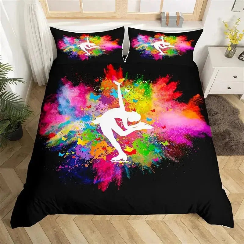 Yoga-themed rainbow gymnast bedding on bed with vibrant colors