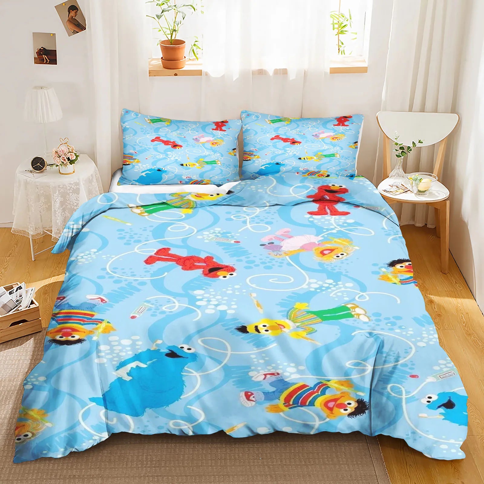 Zoomed-in detail of soft microfiber fabric texture with printed Sesame Street characters.