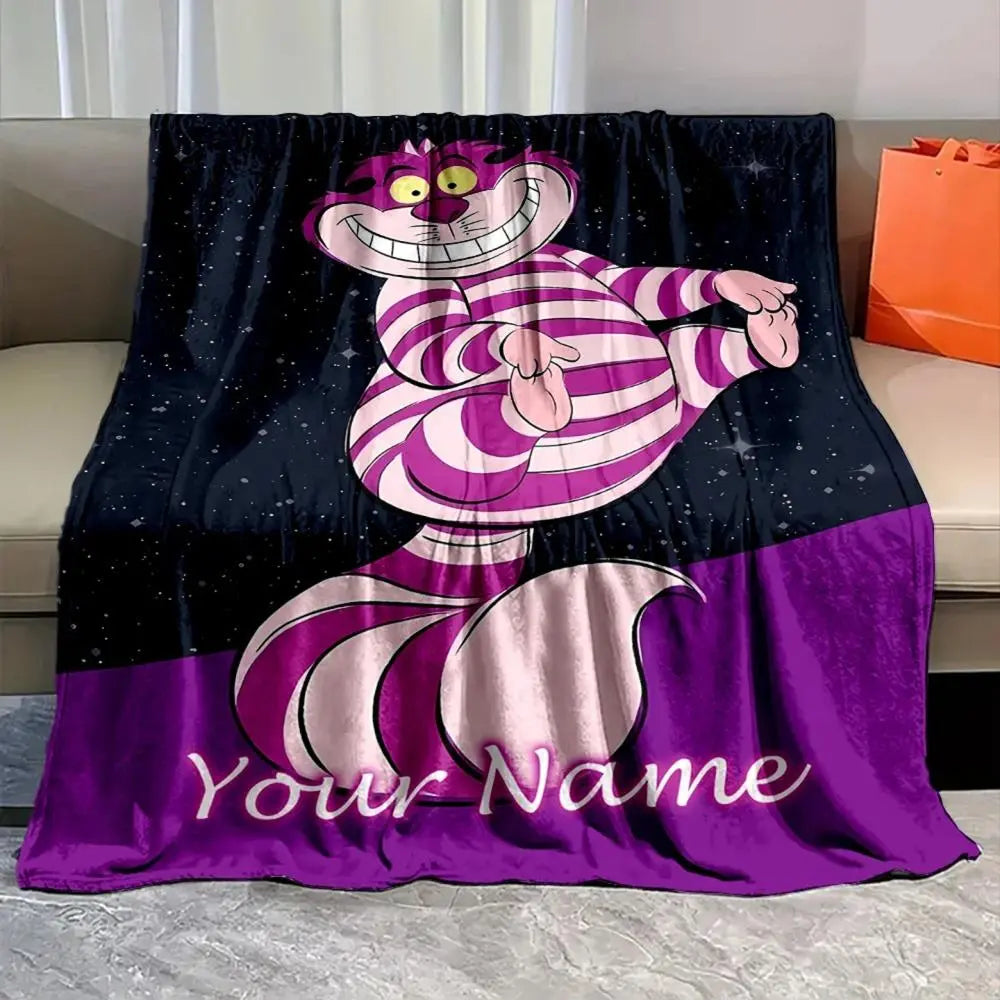Alice in Wonderland Cheshire Cat blanket with custom name, soft cozy personalized bedding