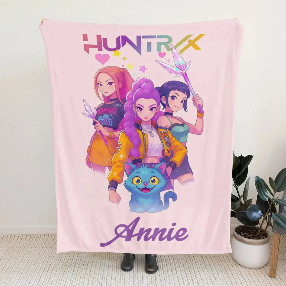 Anime style Kpop Huntrix blanket, customized fleece throw for collectors.