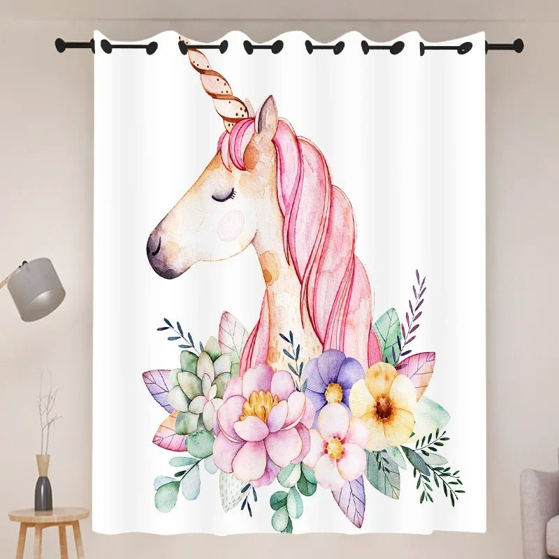Unicorn curtains with anti-mosquito tulle layer and blackout lining for kids bedroom.