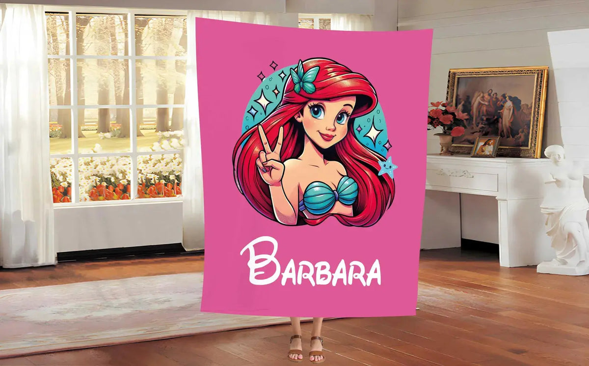 Disney Ariel mermaid tail blanket with custom name, personalized kids blanket for cozy snuggles, perfect for The Little Mermaid fans.