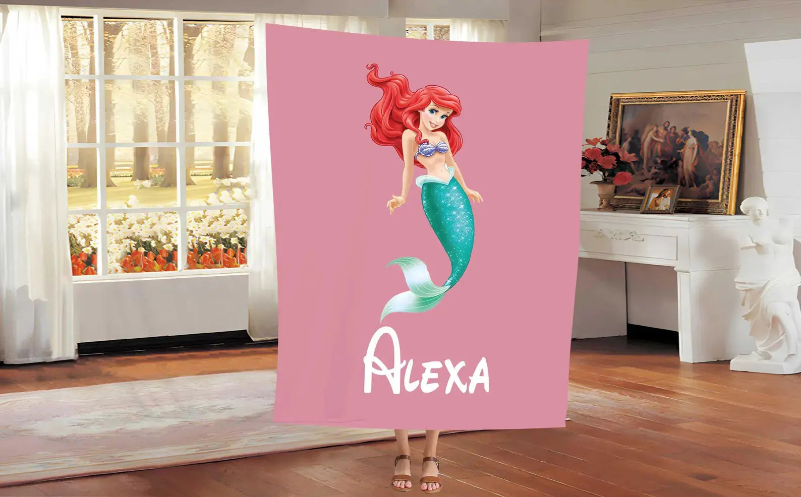 Ariel The Little Mermaid mermaid tail blanket with personalized name, soft and cozy blanket for kids, perfect Disney bedroom décor gift.