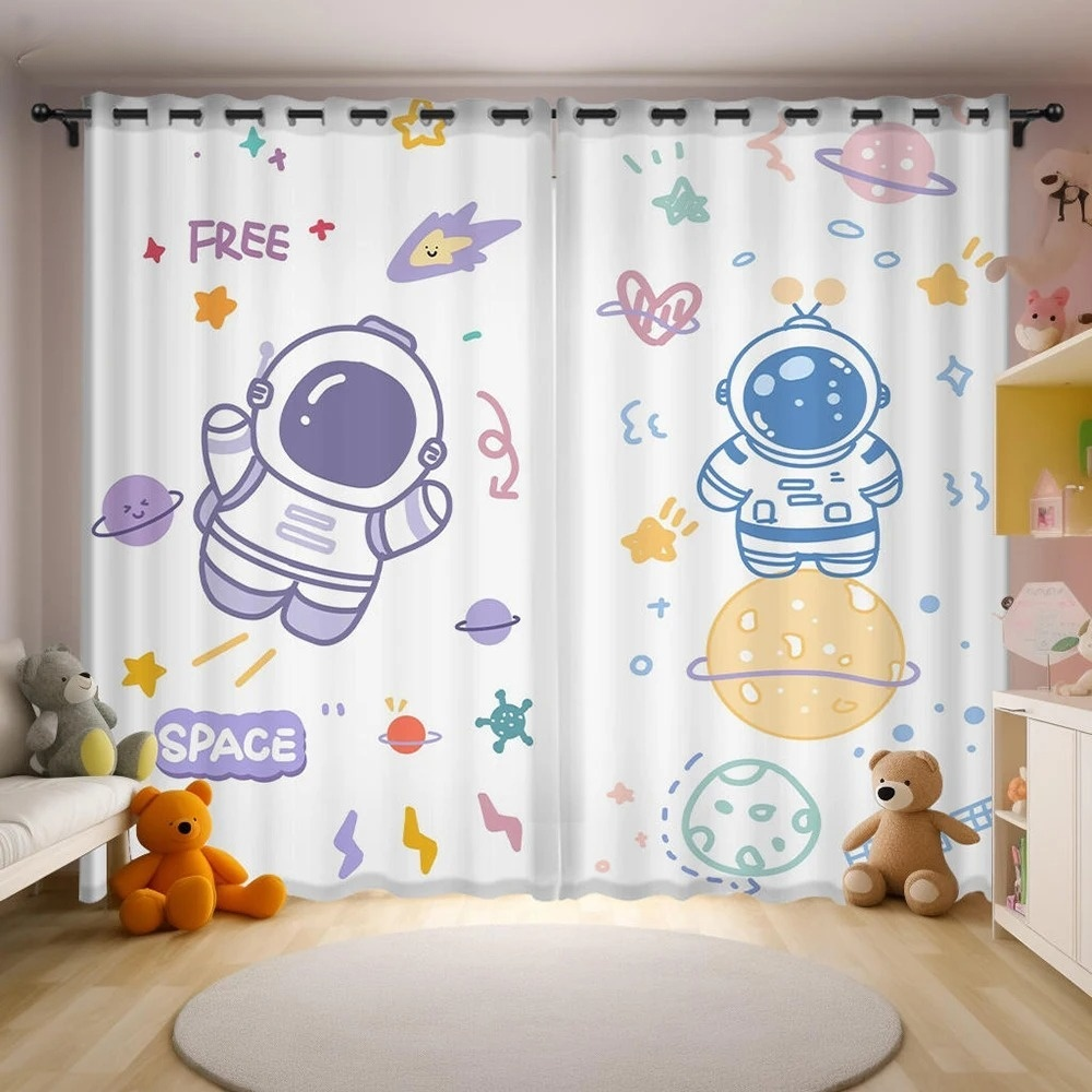Space astronaut cartoon curtains, blackout window drapes for kids playroom.