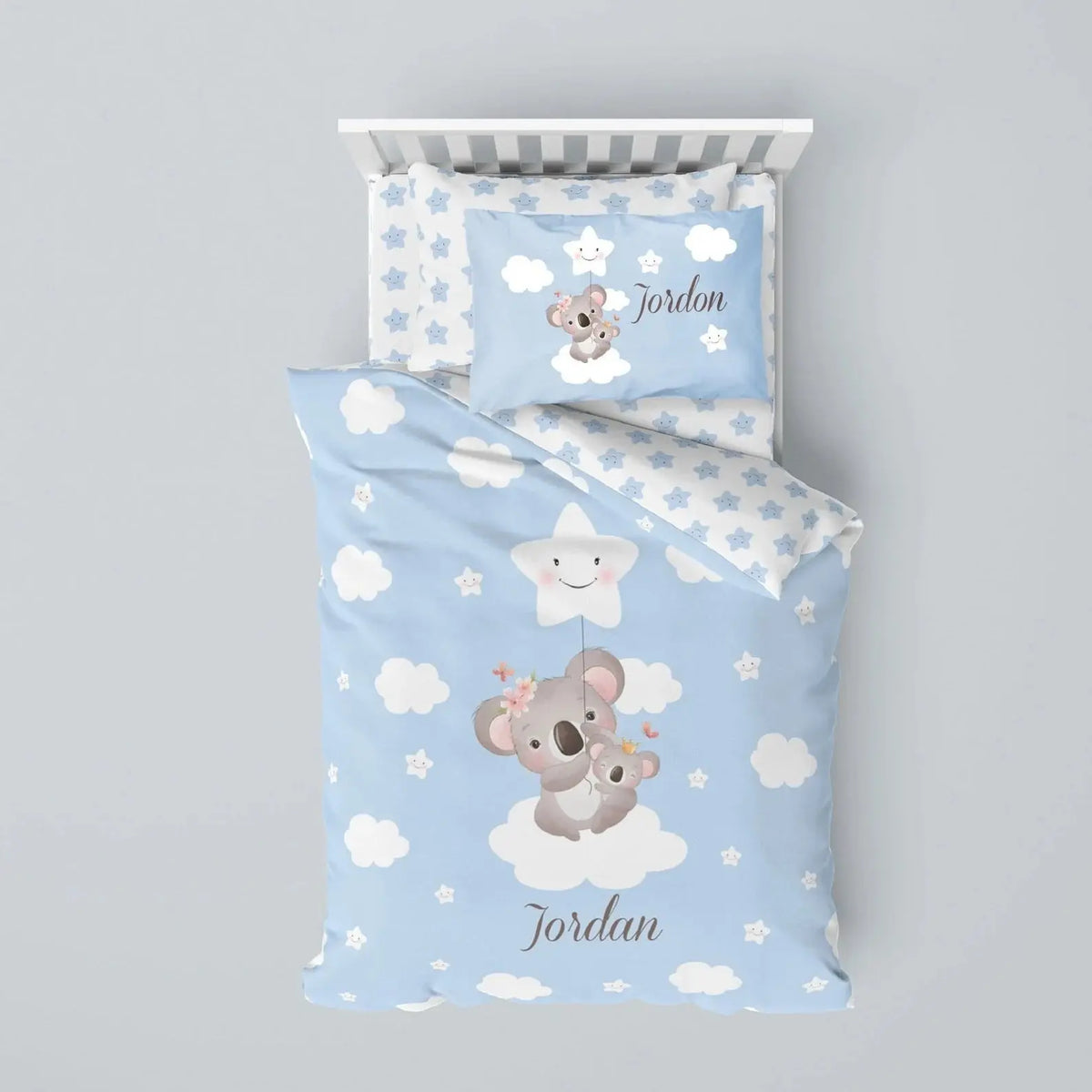 Baby Koalas custom bedding set with personalized duvet cover, nursery bedding set for infants, kids bedding set with soft baby sheet set, cozy and cute décor.