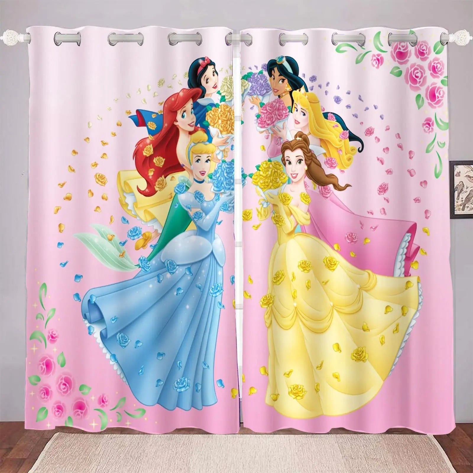 Blackout curtains featuring Belle, Cinderella, Ariel, and Rapunzel for kids room décor.