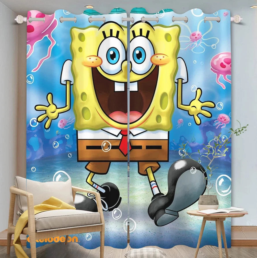 Blackout SpongeBob curtains for kids’ room, reducing sunlight and adding style.