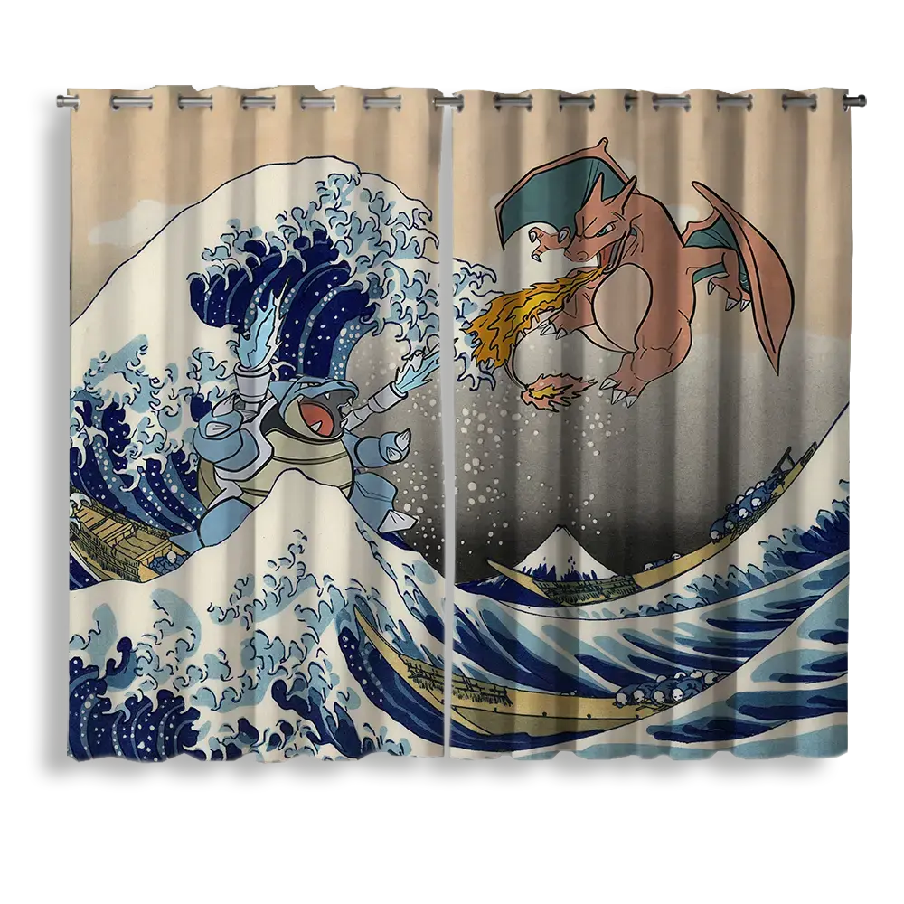 Blastoise and Charizard Pokemon The Great Wave Window Curtain for bedroom, kids room, and anime home decor