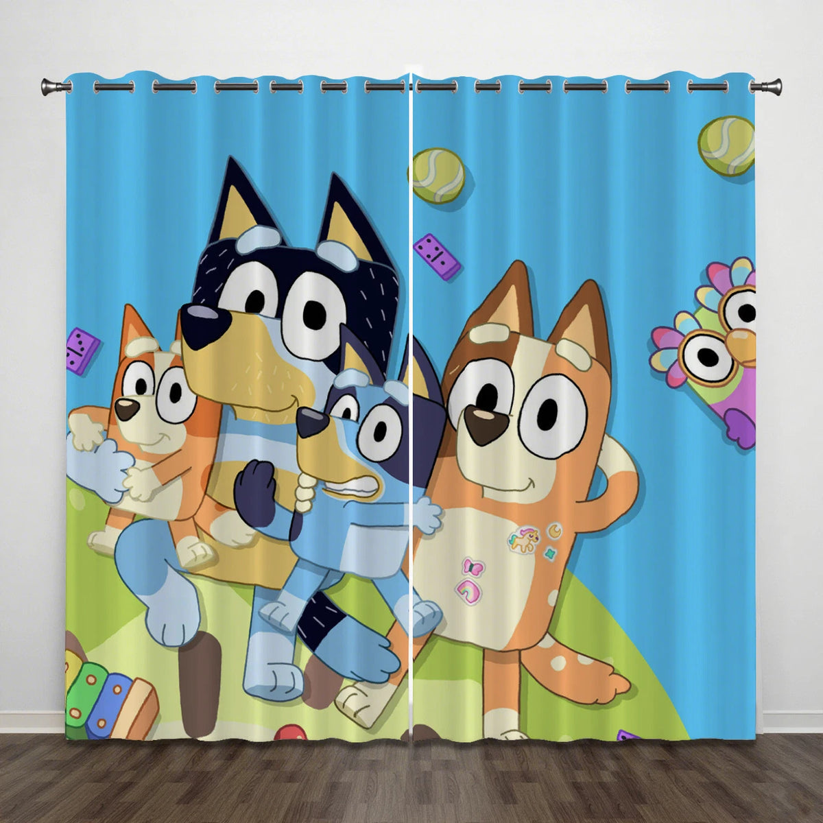 Bluey and Bingo blackout window drapes for children’s bedroom and playroom.