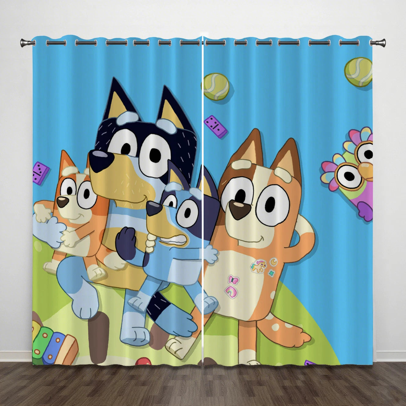 Bluey and Bingo blackout window drapes for children’s bedroom and playroom.