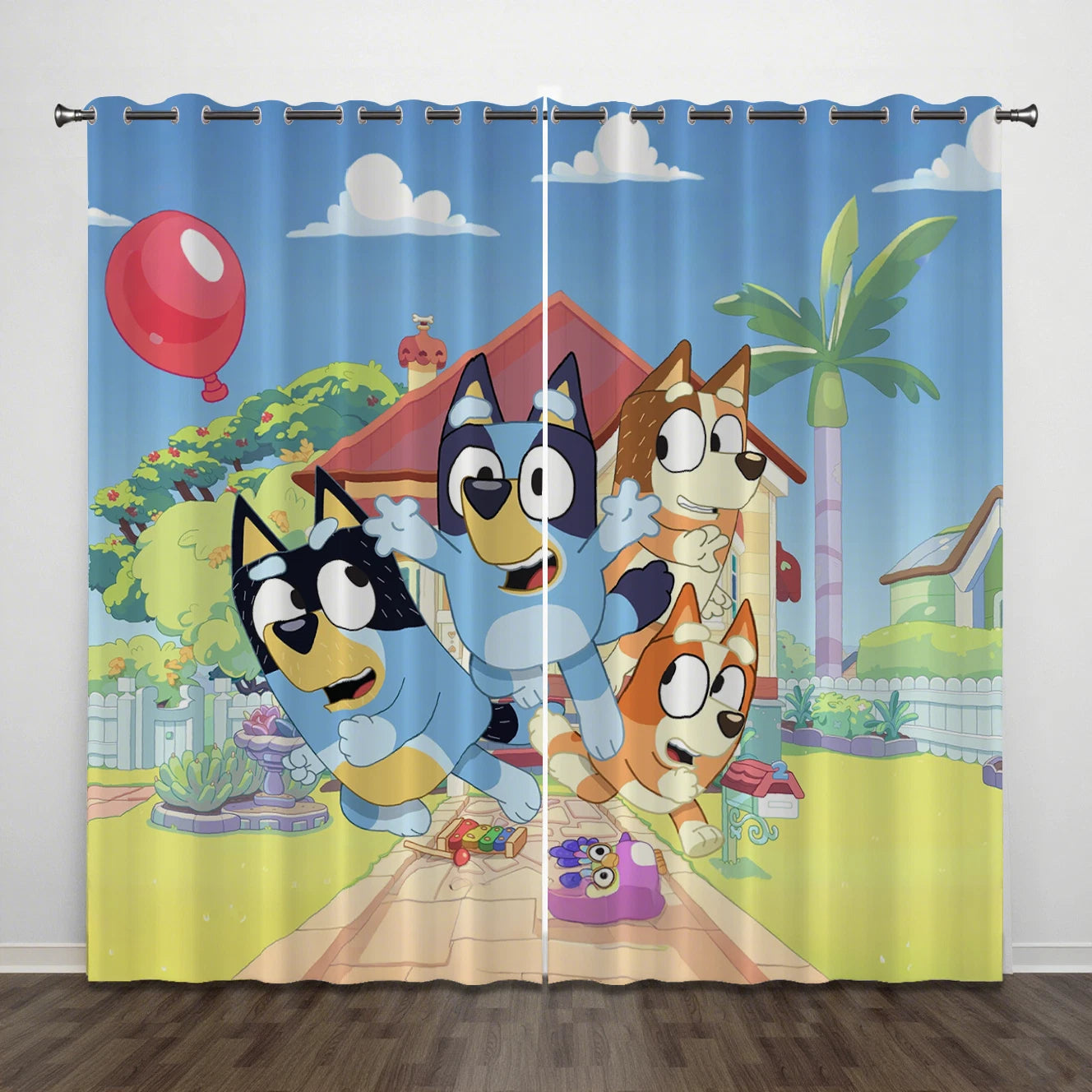 Bluey and Bingo cartoon blackout curtains, ideal for kids bedrooms.