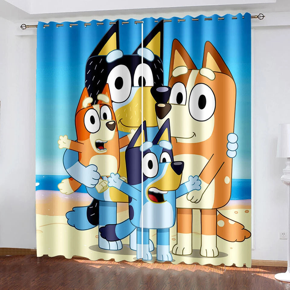 Bluey and Bingo cartoon kids window curtains, blackout drapes for bedrooms.