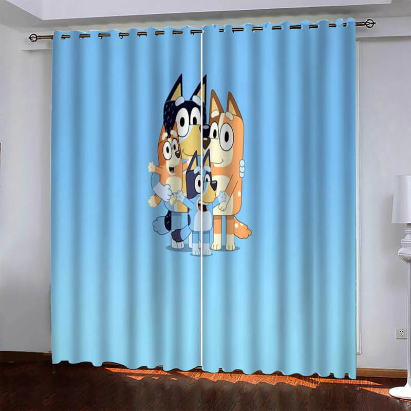 Bluey and Bingo cartoon nursery curtains, playful blackout window panels.