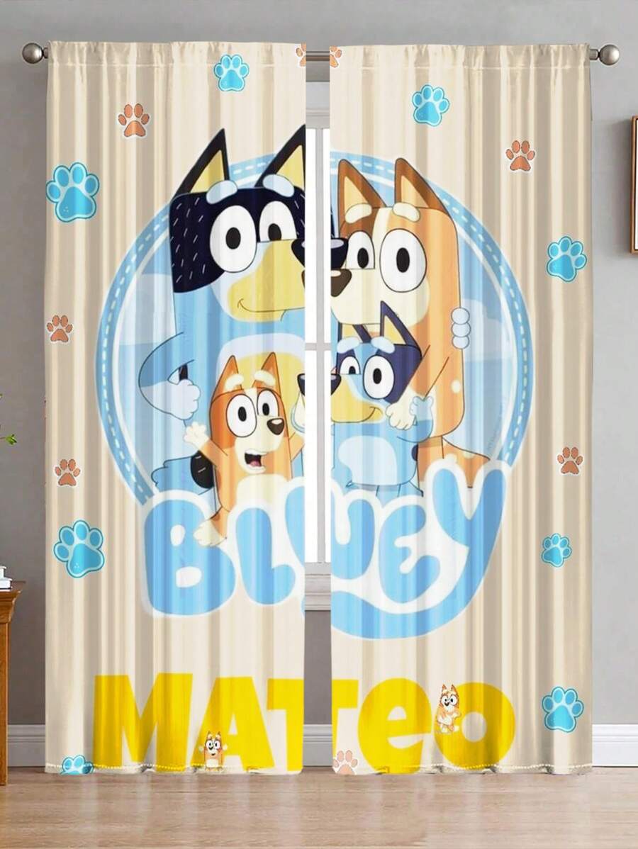 Bluey and Bingo playroom window curtains, colorful cartoon drapes for kids.