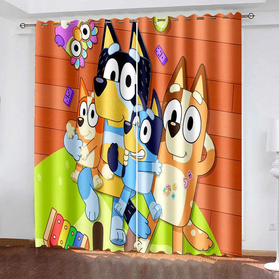 Bluey and Bingo themed room curtains for kids playroom and nursery.