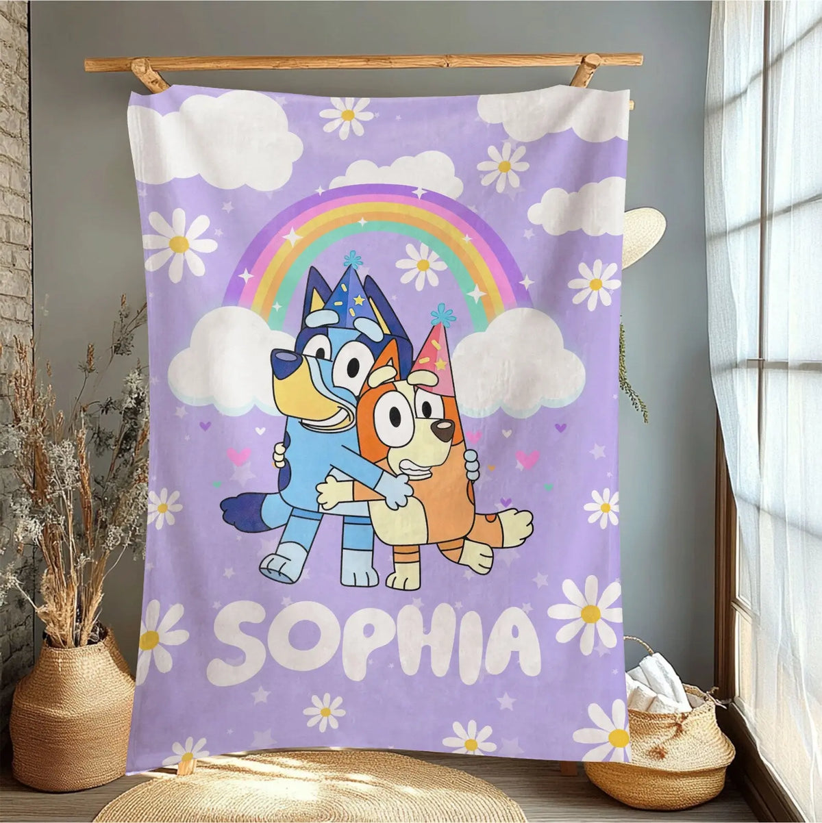 Bluey cartoon kids blanket with personalized name, soft and cozy custom Bluey bedding for toddlers and children’s bedroom décor.