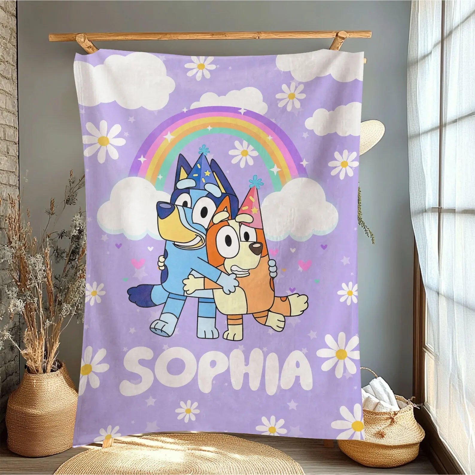 Bluey cartoon kids blanket with personalized name, soft and cozy custom Bluey bedding for toddlers and children’s bedroom décor.