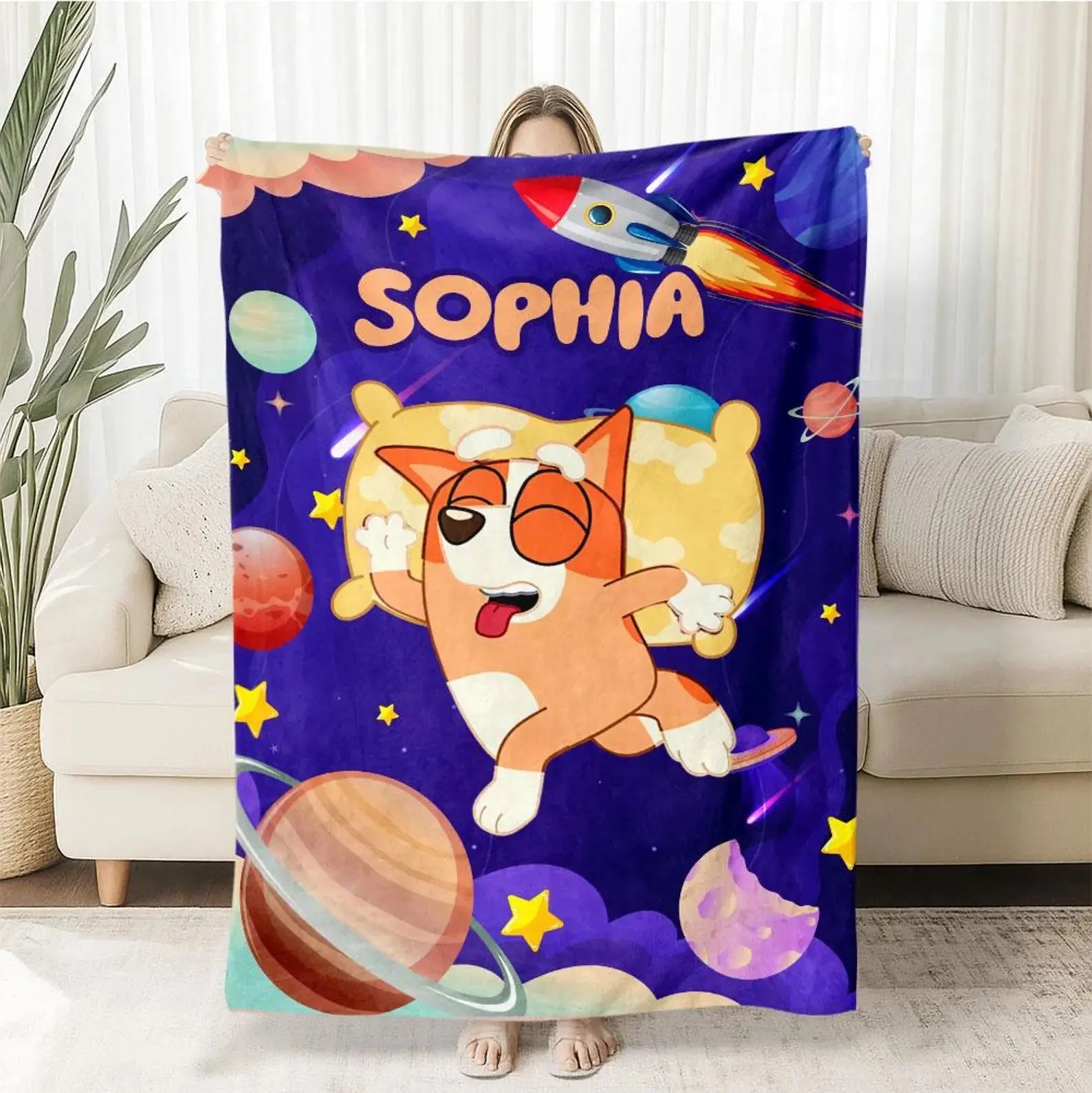 Bluey cartoon personalized baby blanket, soft kids bedding with custom name, cozy toddler blanket for boys and girls bedroom décor.