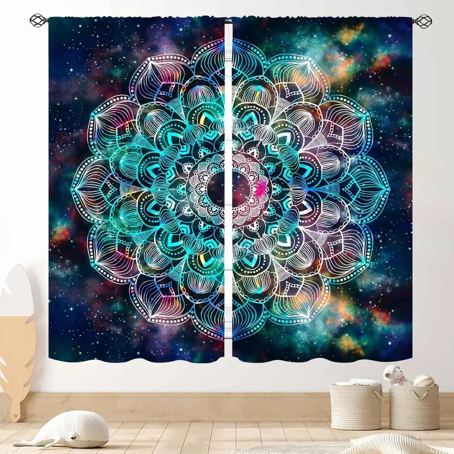 Bohemian mandala room darkening curtains, perfect for cozy bedroom ambiance.