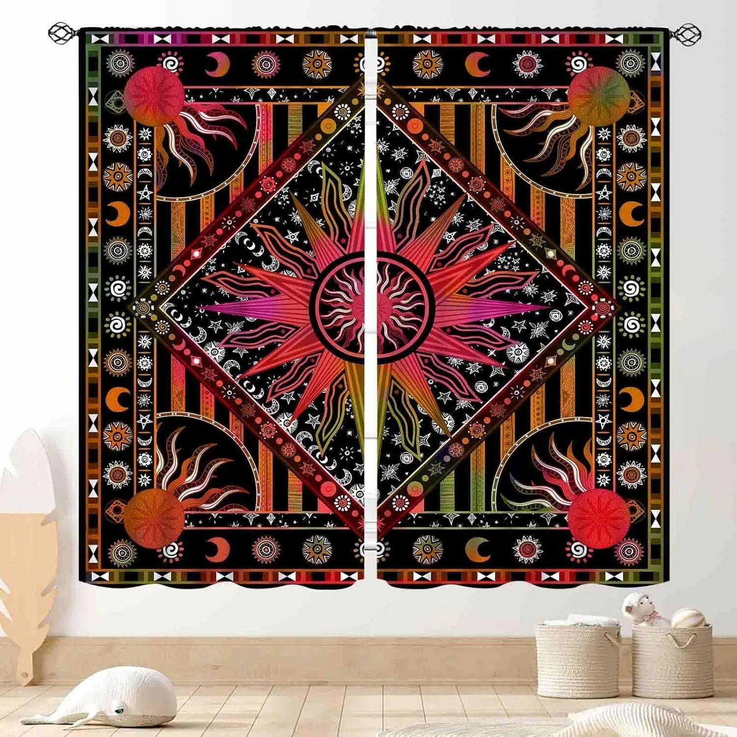 Colorful orange hippie curtains for bedroom and meditation room window décor.