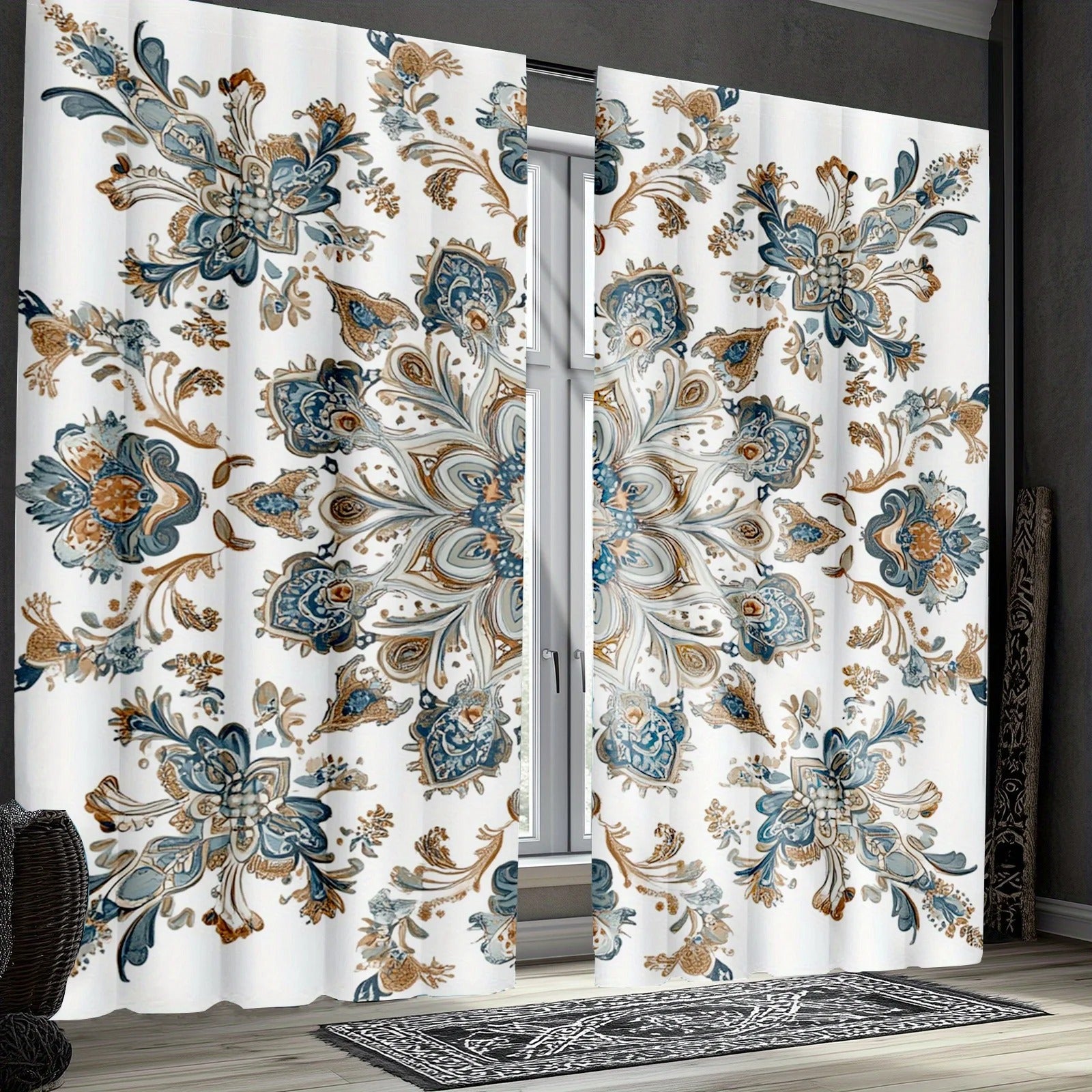 Bohemian floral mandala blackout drapes with paisley design for living room windows.