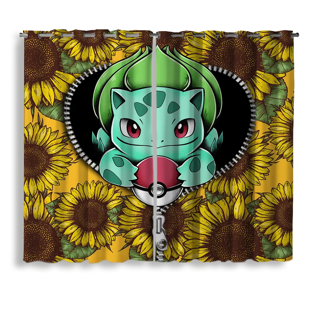 Bulbasaur Pokemon Sunflower Zipper Window Curtain for bedroom, kids room, and anime home decor