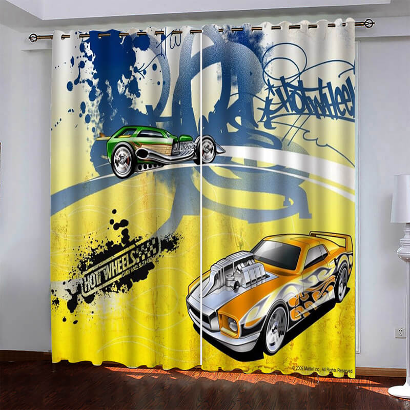 Car model Hot Wheels curtains blackout window drapes for kids bedroom.