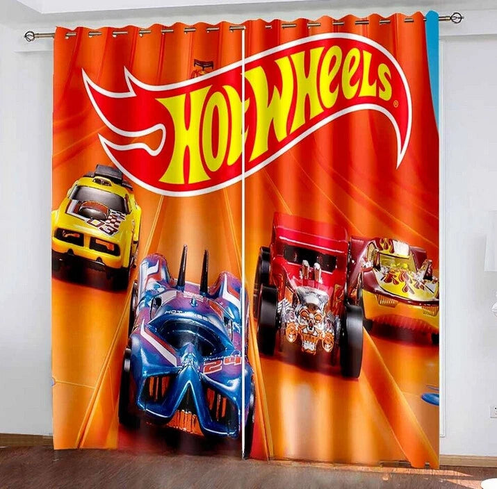Close-up of car model Hot Wheels blackout curtains with detailed car design.