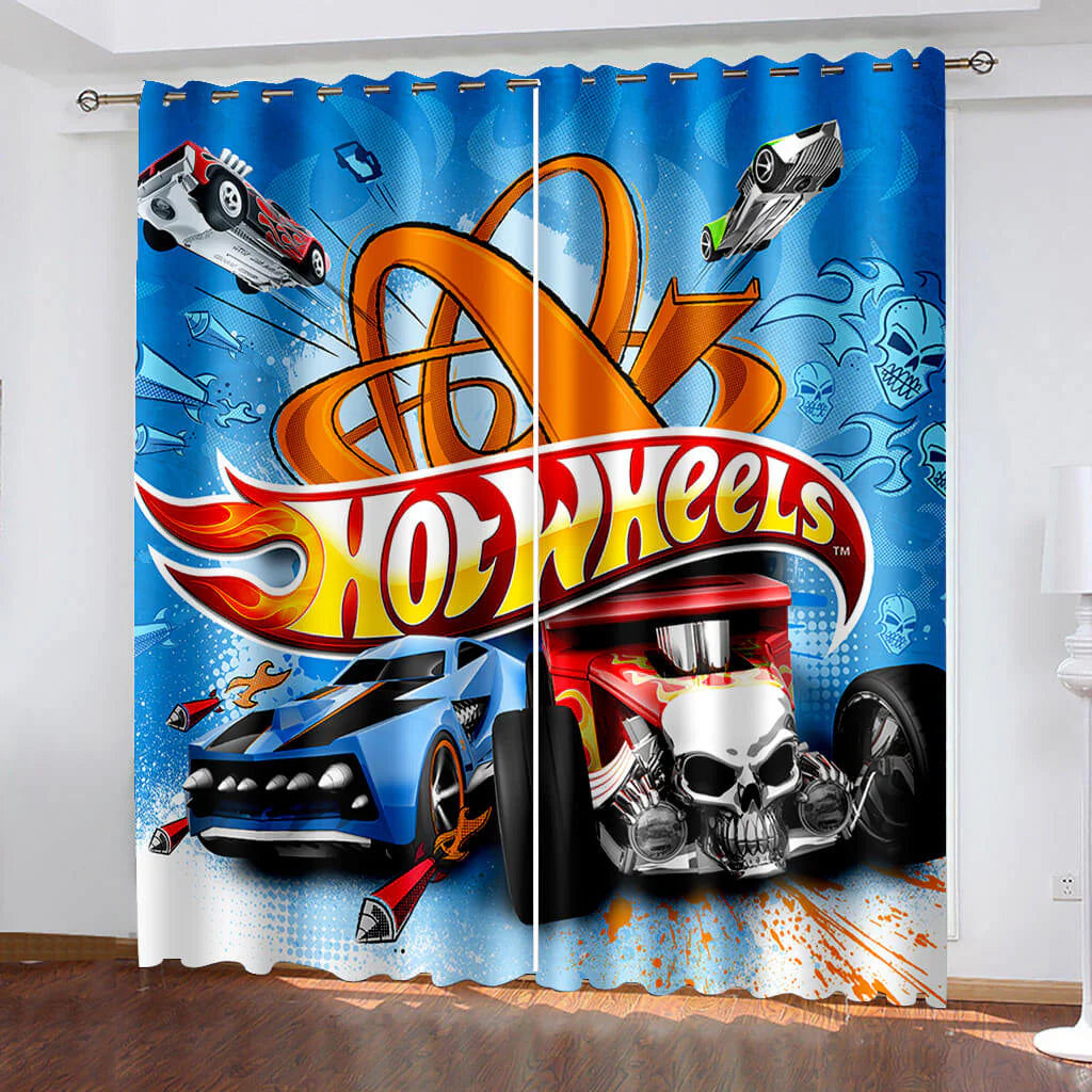 Car model Hot Wheels blackout drapes with fade-resistant bright racing colors.
