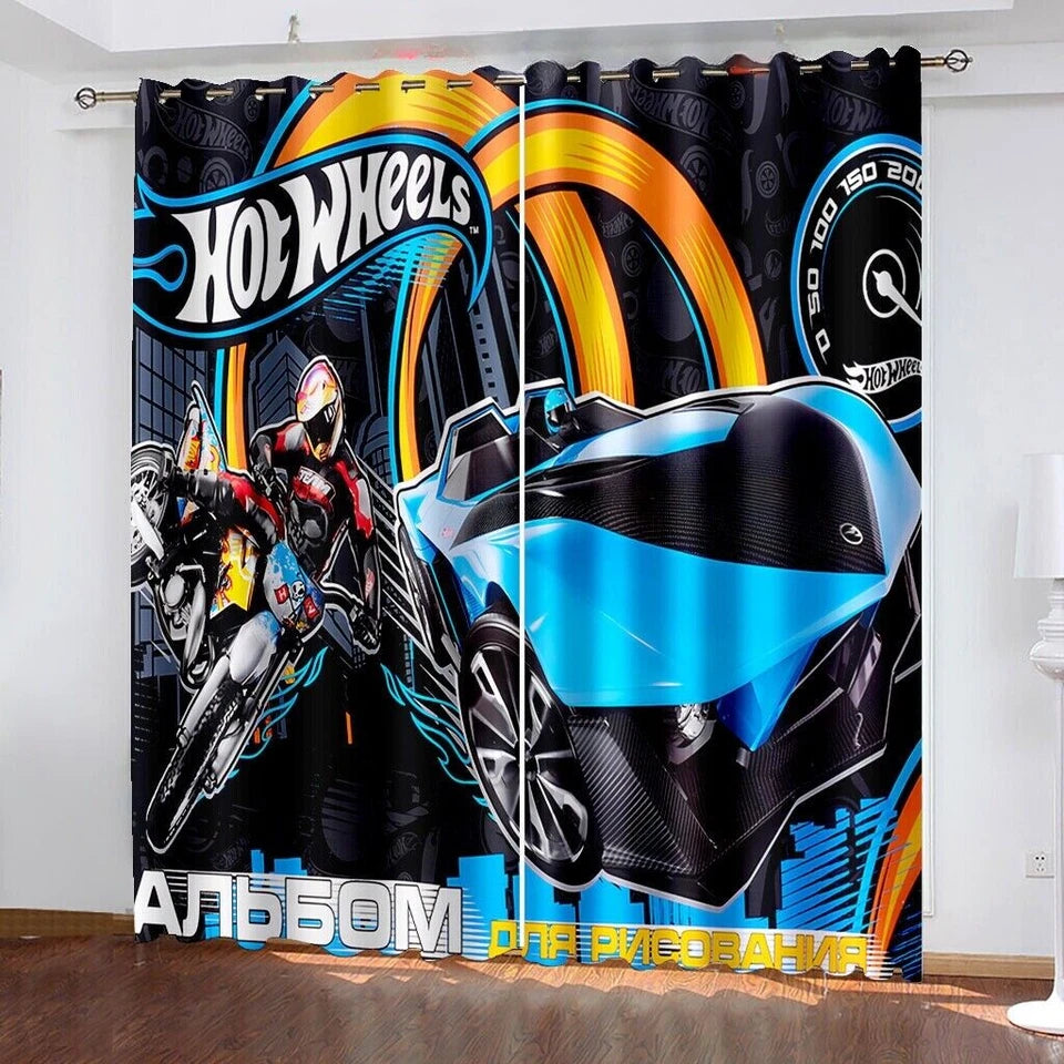 Car model Hot Wheels blackout window drapes with colorful racing car print.