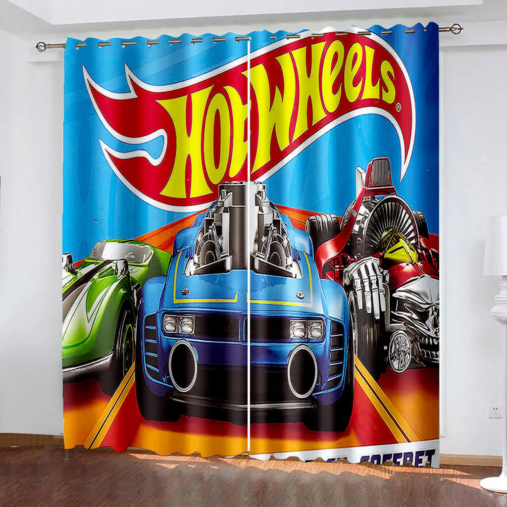 Car model Hot Wheels blackout curtains with energy-efficient fabric for kids rooms.
