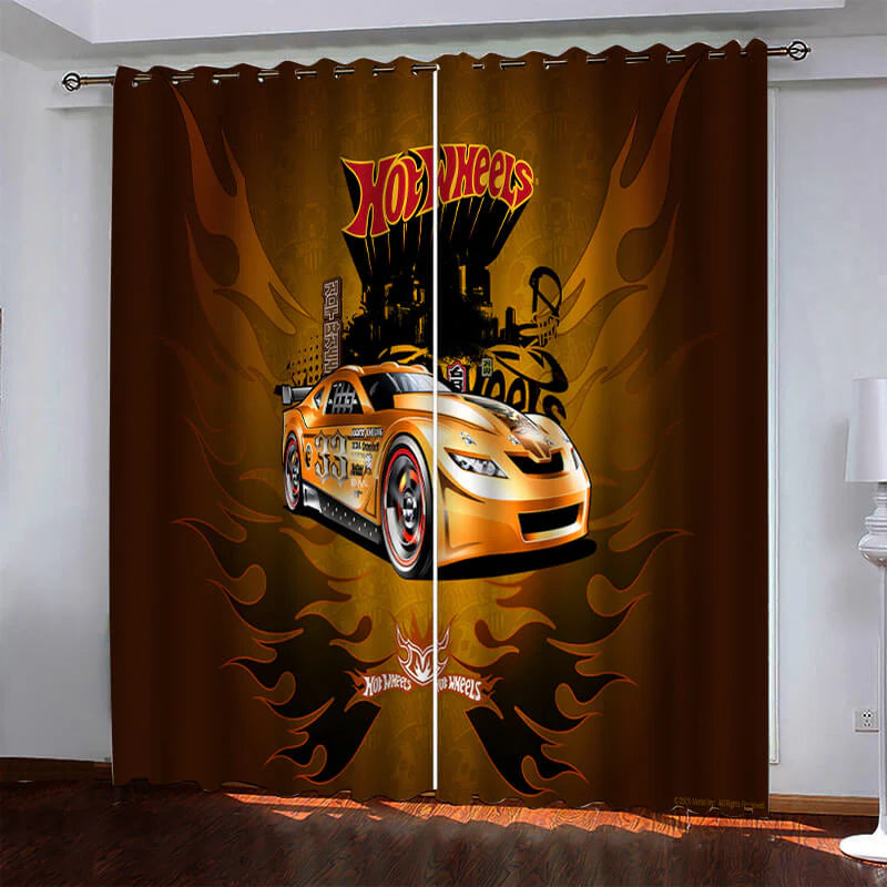 Curtain with Hot Wheels car design featuring flames and a yellow car on a brown background.