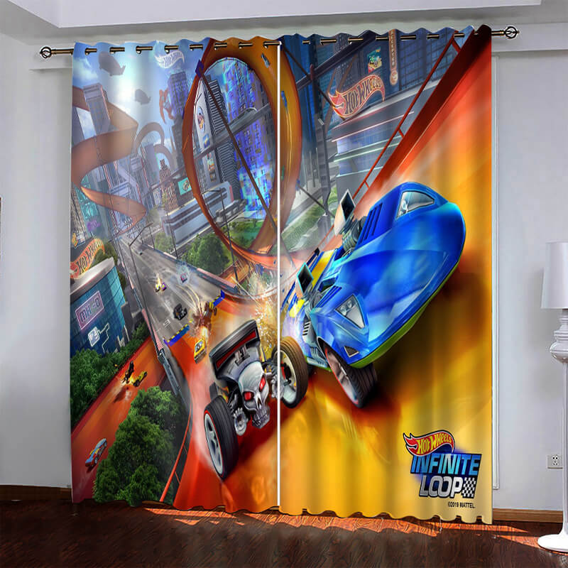 Car model Hot Wheels blackout window drapes, perfect for kids nursery décor.