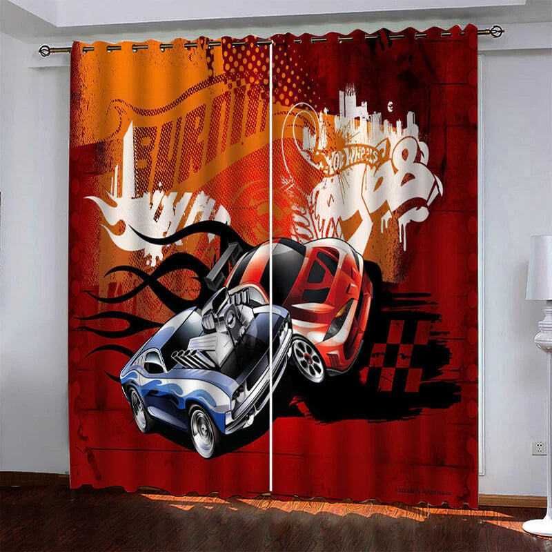 Car model Hot Wheels blackout curtains for playroom windows with racing design.