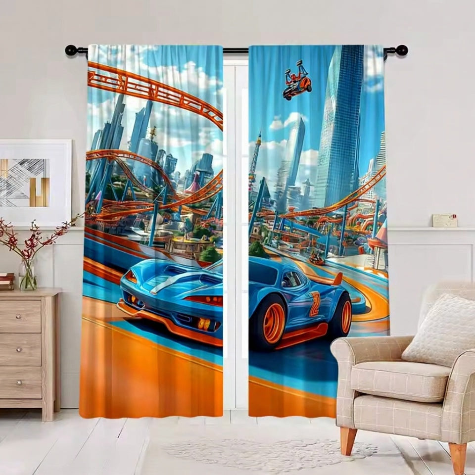Set of car model Hot Wheels blackout curtains and drapes for children’s rooms.