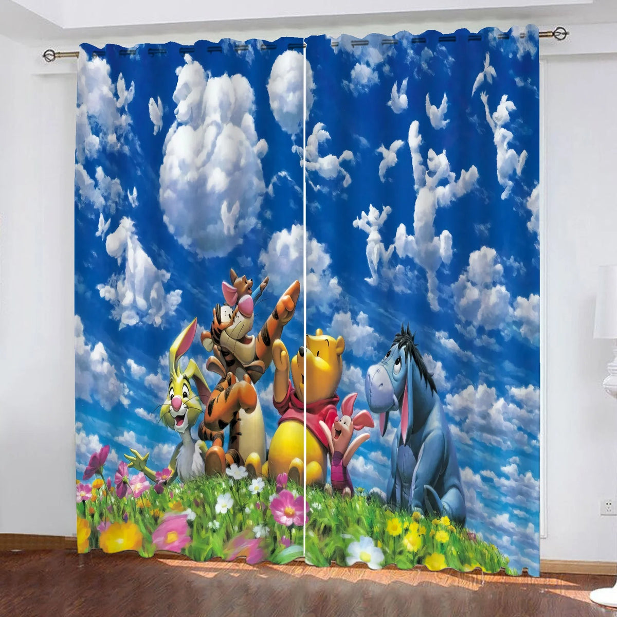 Cartoon curtains with playful characters against a blue sky and cloud background, perfect for kids bedroom or playroom décor.