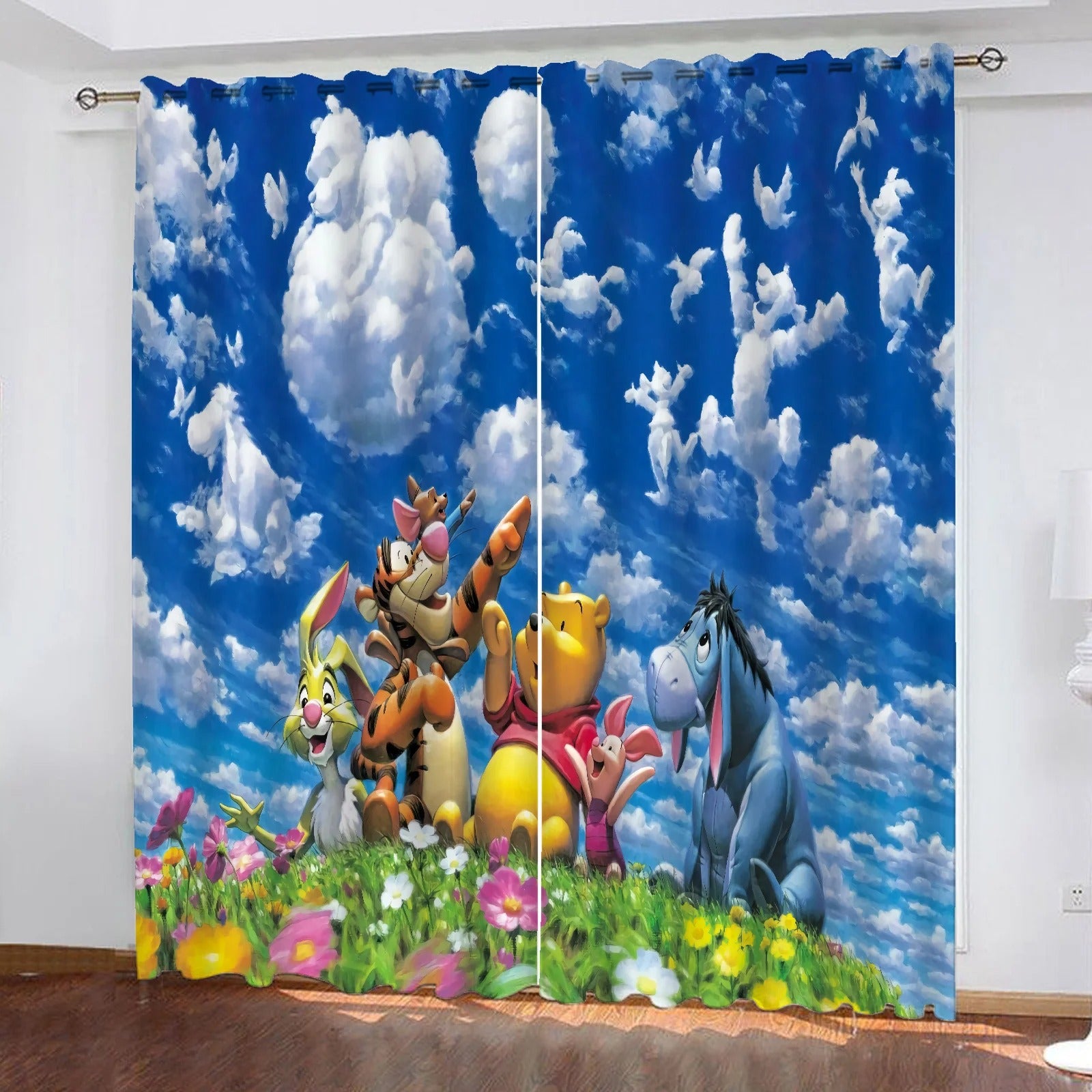 Cartoon curtains with playful characters against a blue sky and cloud background, perfect for kids bedroom or playroom décor.