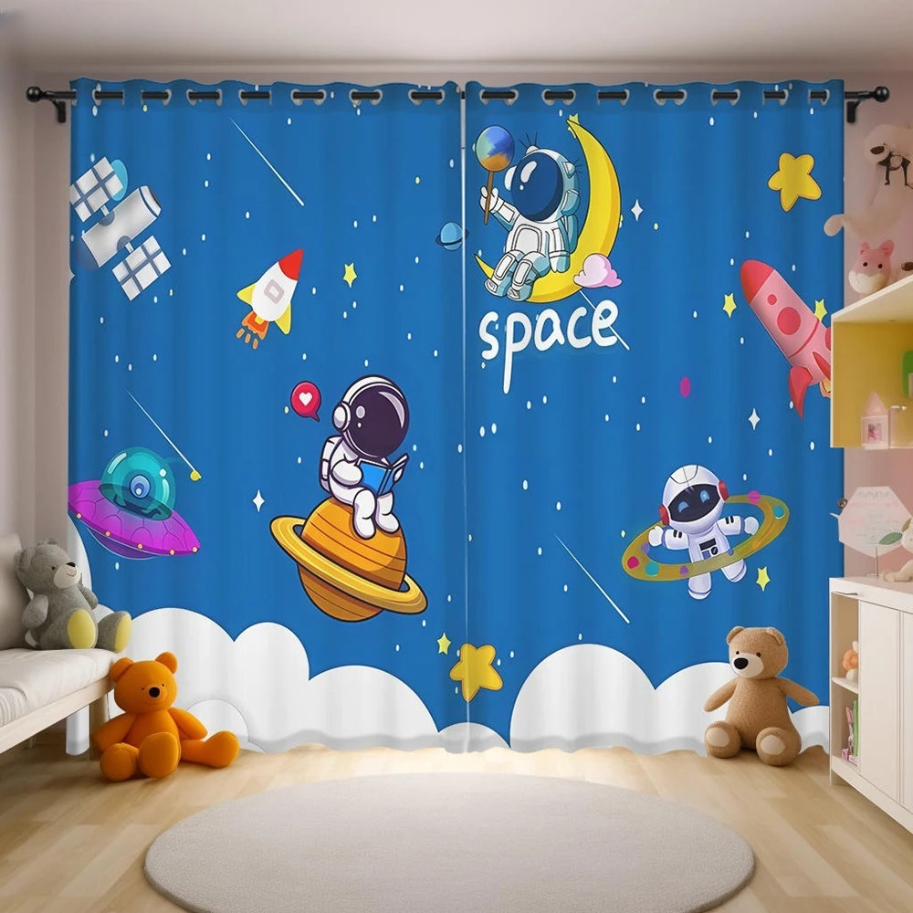 Cartoon galaxy astronaut curtains, 2 panel blackout window drapes for study room.