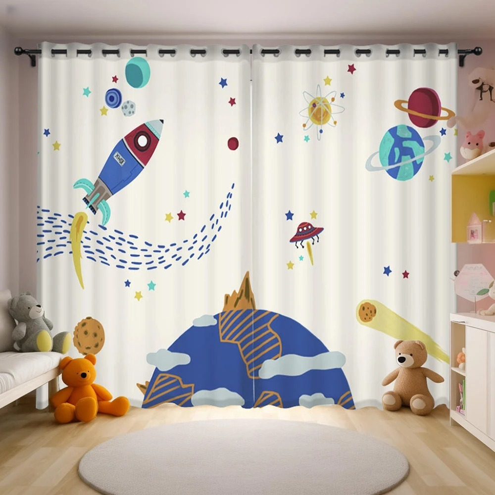 Cartoon space astronaut curtains, 2 piece creative printing blackout drapes.
