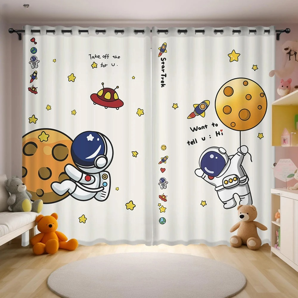 Cartoon space astronaut curtains, 2 piece blackout drapes for kids bedroom décor.