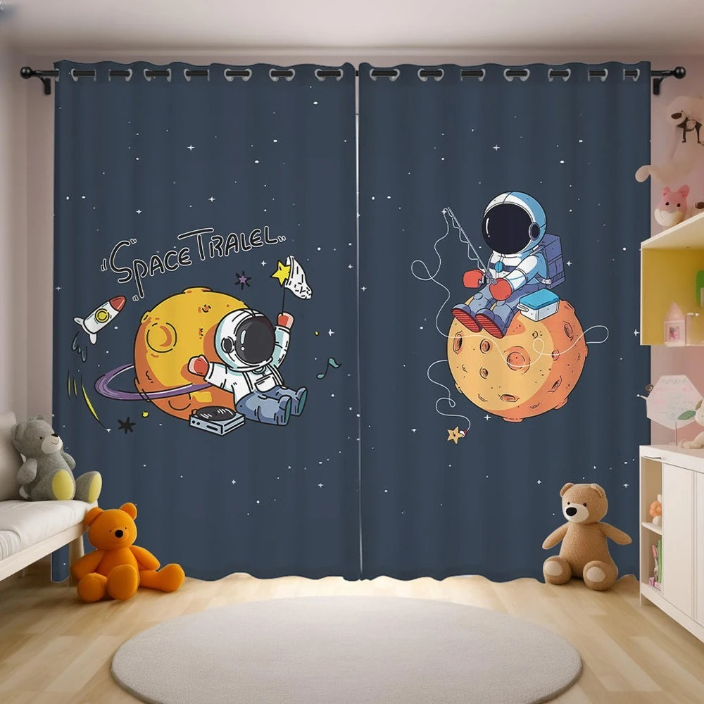 Cartoon space blackout curtains, astronaut 2 panel drapes for boys bedroom.