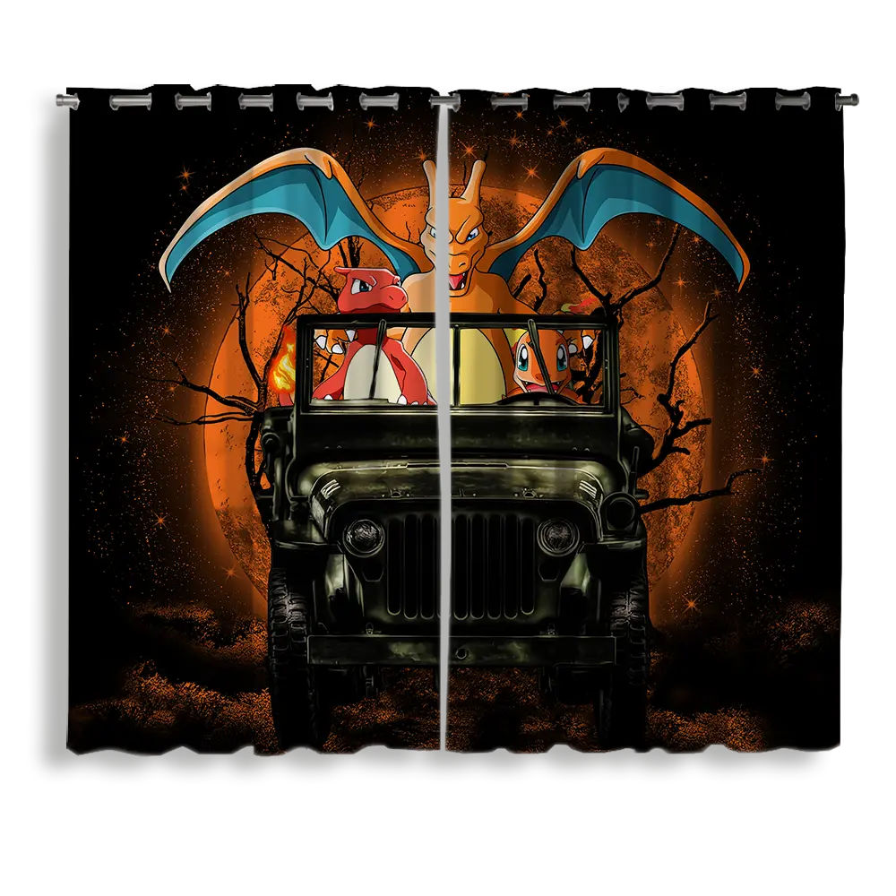 Charizard and Charmander Pokemon Drive Jeep Moonlight Halloween Window Curtain for bedroom, kids room, and anime home decor