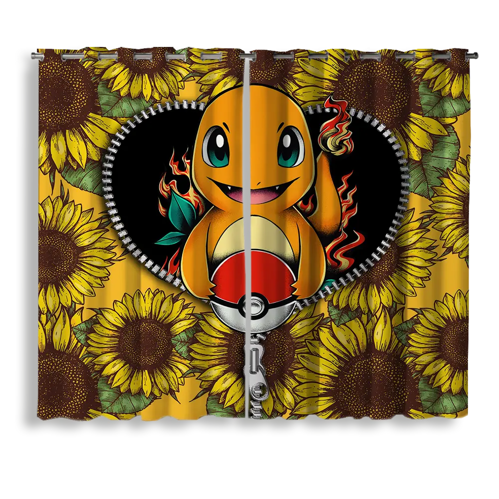Charmander Pokemon Sunflower Zipper Window Curtain for bedroom, kids room, and anime home decor