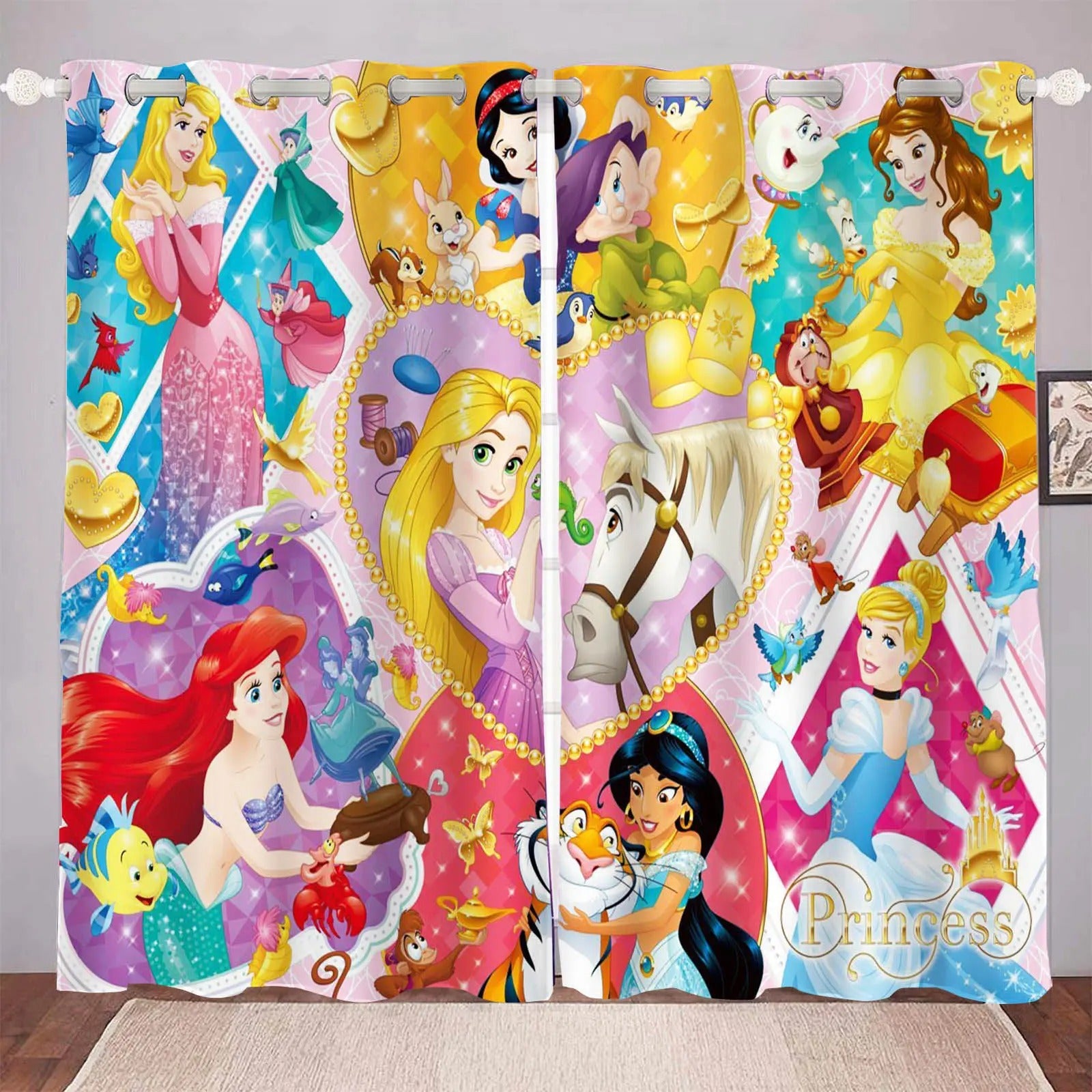 Cinderella castle print curtains with blackout fabric for girls room window treatment.