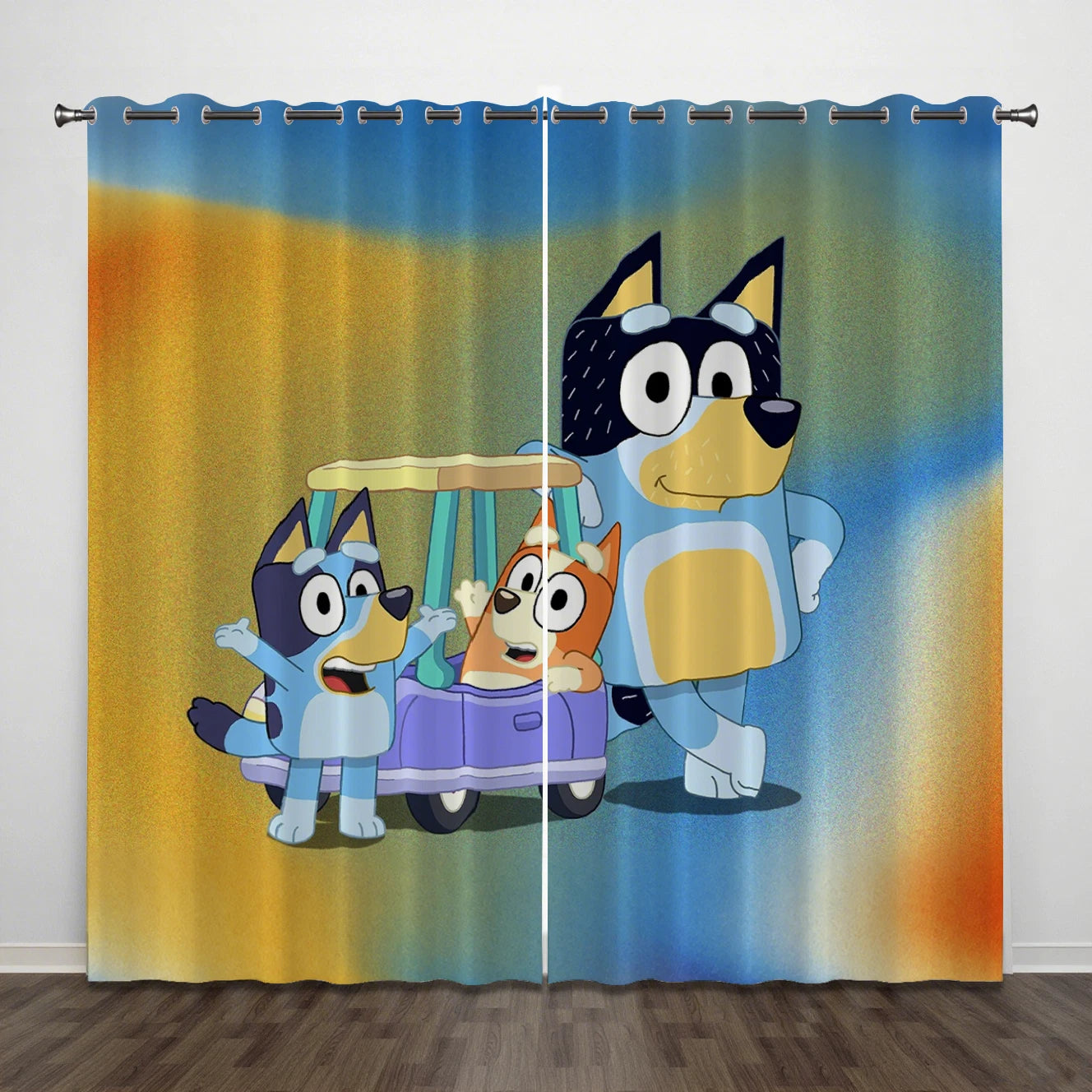 Colorful Bluey and Bingo cartoon curtains for bedrooms and nurseries.