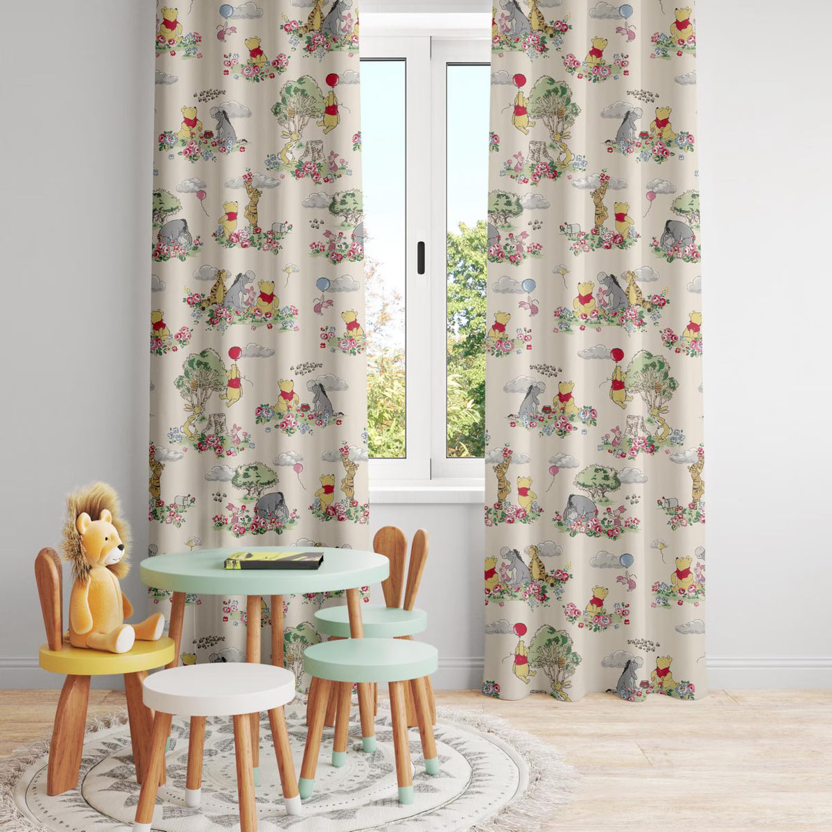 Colorful Winnie the Pooh kids bedroom curtains, cartoon blackout drapes for playful room décor.