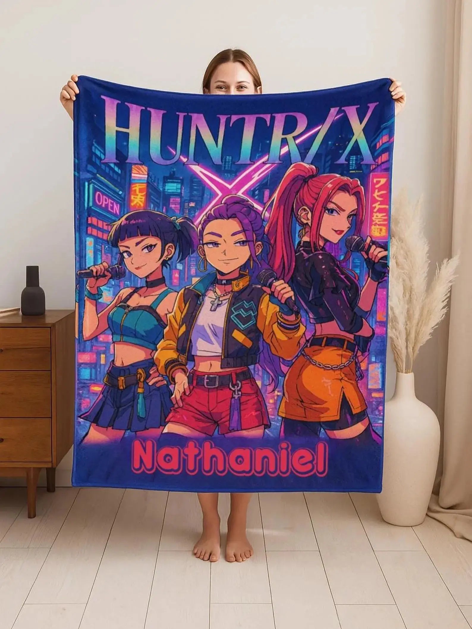 Cozy anime Kpop blanket, customized fleece throw gift for Demon Hunters fans.