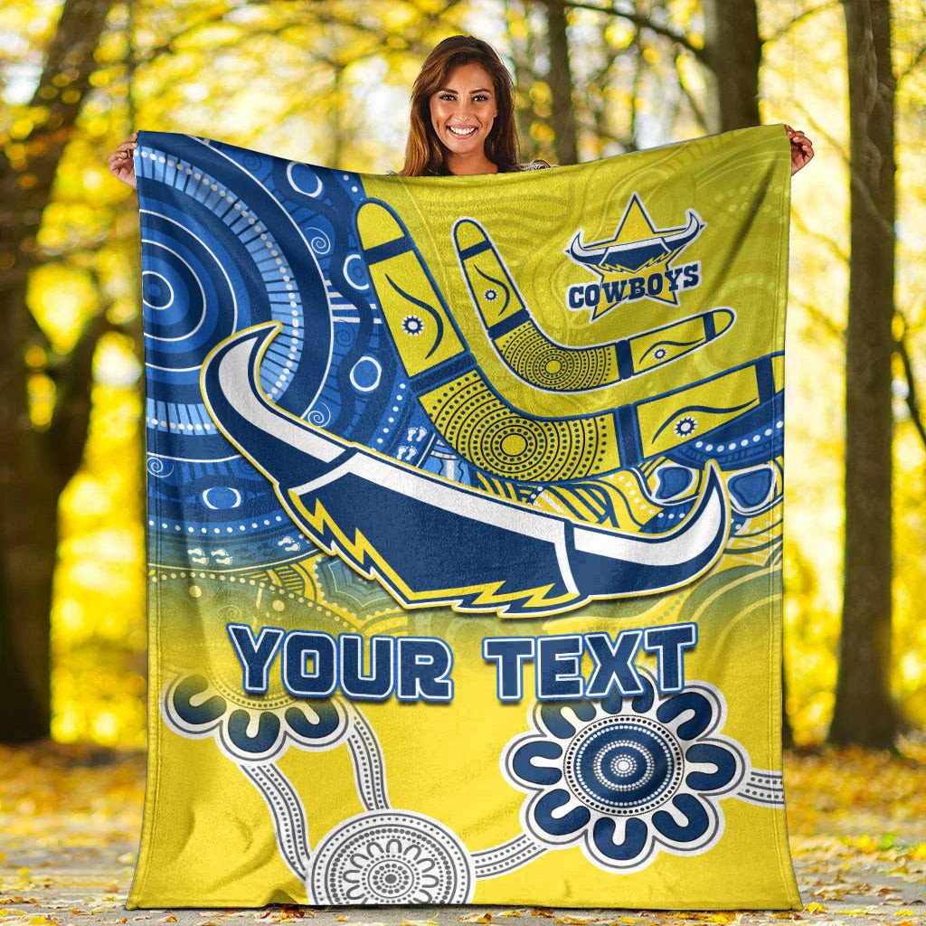 Custom Personalised Cowboys Rugby Premium Blanket – Aboriginal Boomerang Design, Go Premiers North Queensland NRL Flannel Throw, Cozy Rugby Supporters Gift & Bedroom Decor