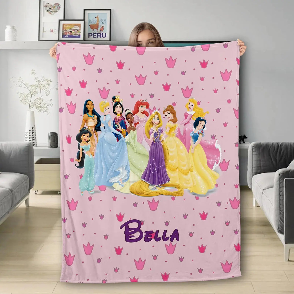 Custom Disney Princess throw blanket with personalized name, soft and cozy kids bedding for toddlers and girls’ bedroom décor