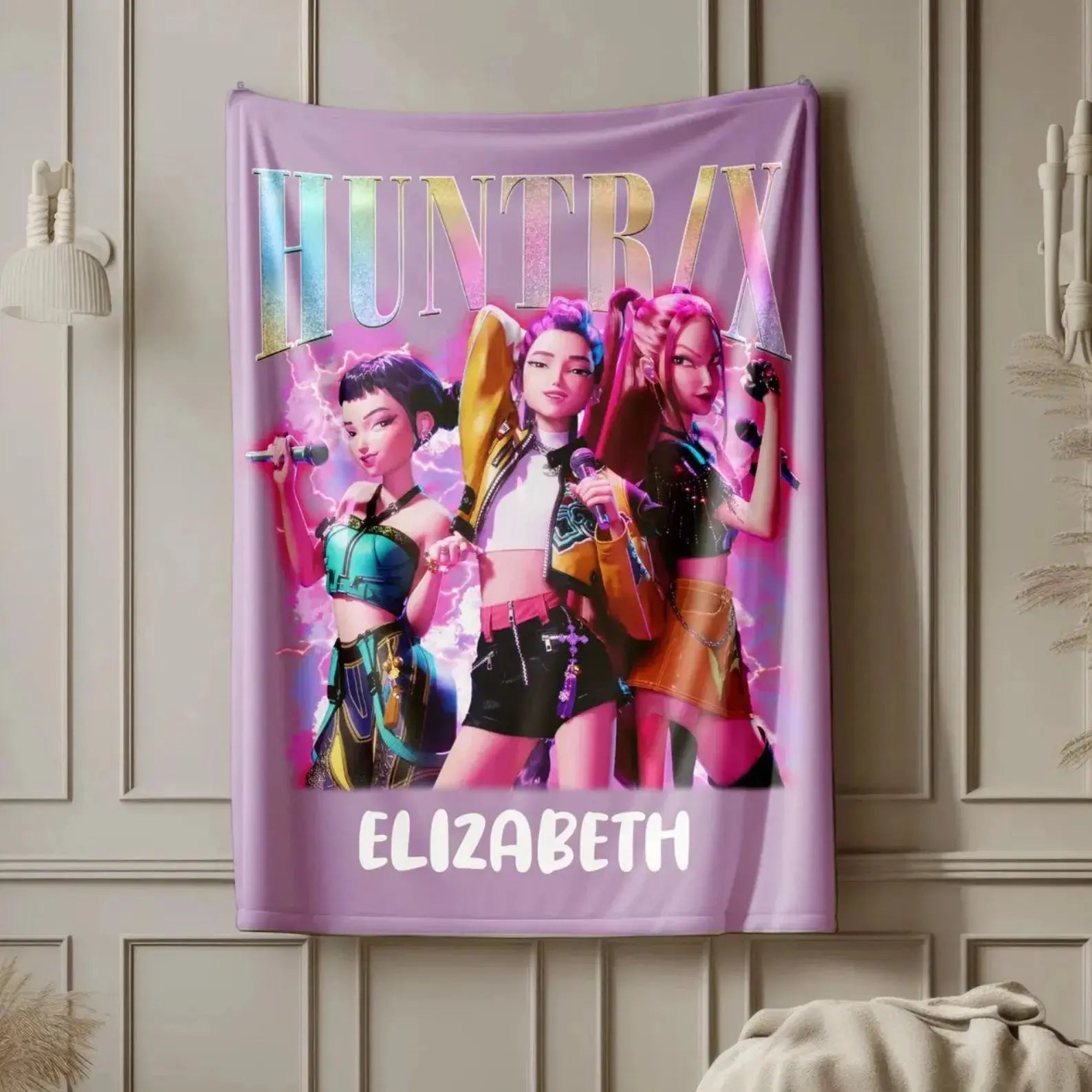 Custom Huntrix Rumi Mira Zoey Kpop blanket, soft flannel anime-inspired throw gift.